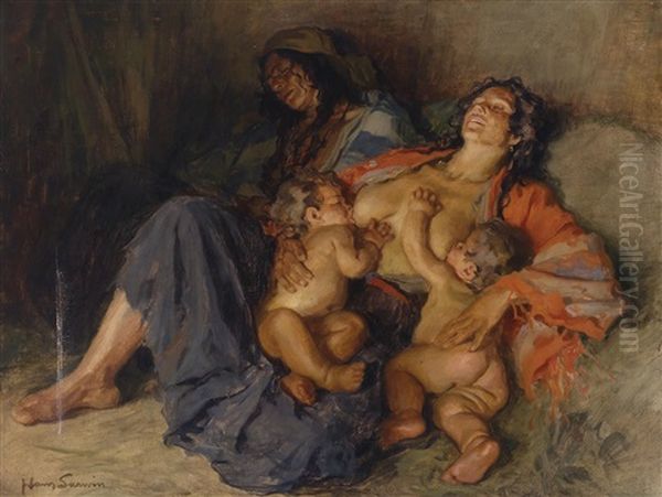 Zigeunerinnen Mit Ihren Zwei Kindern Oil Painting by Hans Larwin