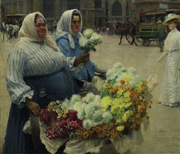 Blumenfrauen Vor St. Stephan, Wien Oil Painting by Hans Larwin