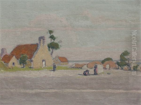 Landscape With Cottages (possibly Brittany) Oil Painting by Charles Augustus C. Lasar