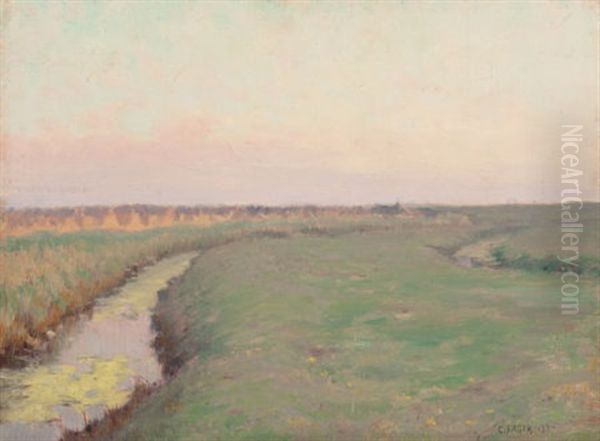 Pastoral Landscape With Canal And Distant Haystacks Oil Painting by Charles Augustus C. Lasar