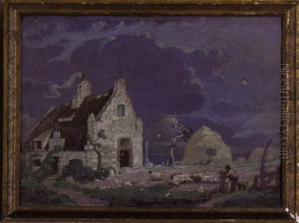 Nighttime Landscape With A Shepherd Herding His Flock Of Sheep Oil Painting by Charles Augustus C. Lasar