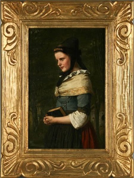 Portrait Of A Woman With A Book Oil Painting by Carl Johann Lasch