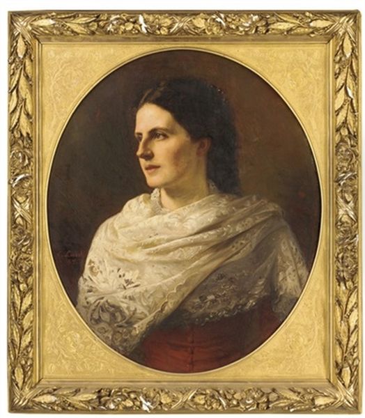 Portrait Of A Young Lady, Bust-length, In A Lace Shawl, In An Oval Mount Oil Painting by Carl Johann Lasch