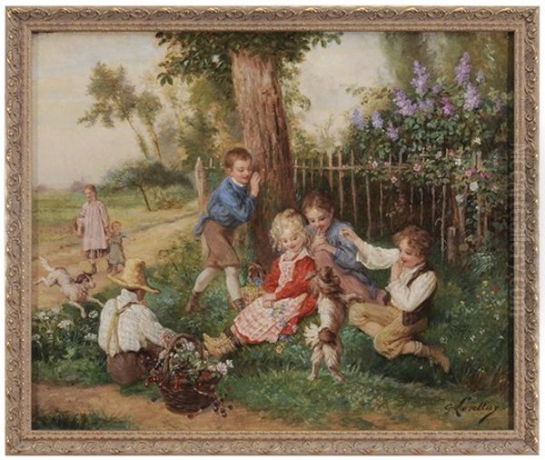 Children And Dogs At Play Oil Painting by Gustave Francois Lasellaz