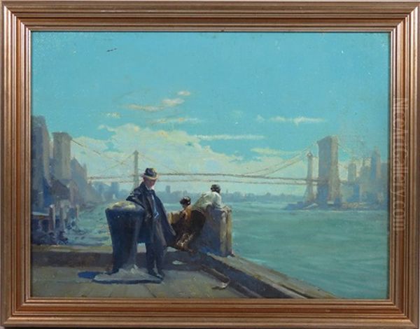 Figures On A Pier, Brooklyn Bridge In Distance Oil Painting by Lee Lash