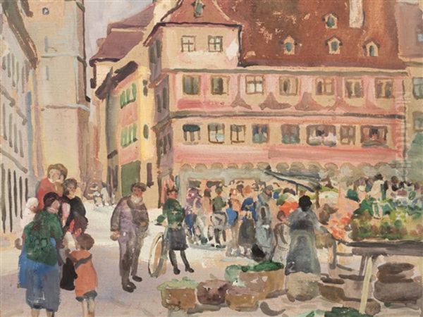 Market In Memmingen Oil Painting by Oskar Laske