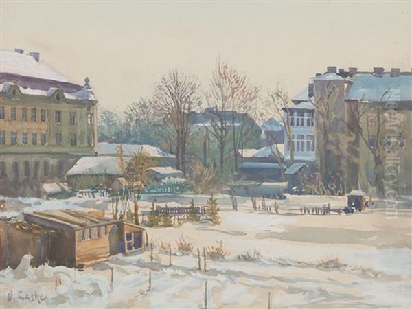 Winter In The Suburbs Oil Painting by Oskar Laske