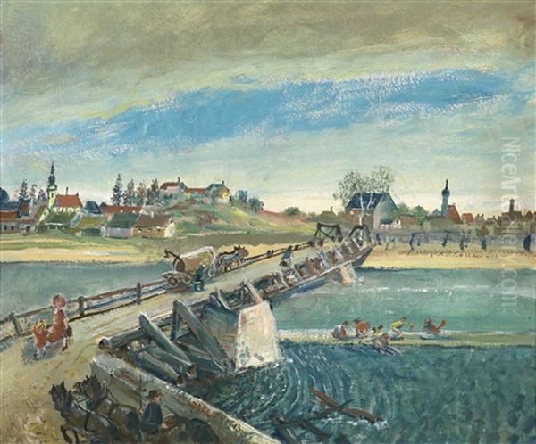 Die Brucke (motiv Bei Enns?) Oil Painting by Oskar Laske