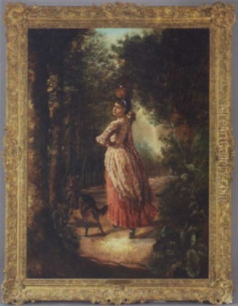 Maiden On A Wooded Path With A Playful Dog by Emile Lassalle