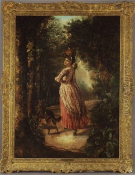 Maiden On A Wooded Path With A Playful Dog Oil Painting by Emile Lassalle