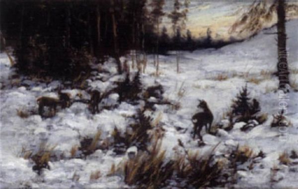 Rotwild In Verschneiter Winterlandschaft Am Bach Oil Painting by Aksel Martin Lassen