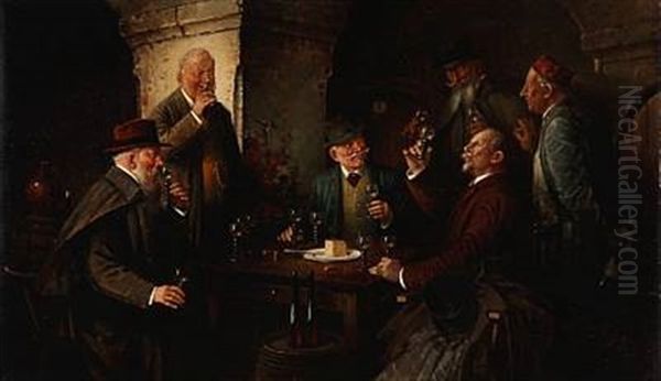 Men Tasting The Wine Oil Painting by Hans August Lassen