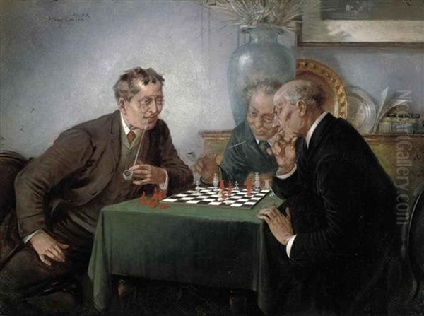 Portrait Of Three Gentlemen Playing Chess Oil Painting by Hans August Lassen