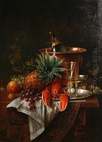 Still Life Of Champagne, Lobster And Fruit Oil Painting by Hans August Lassen