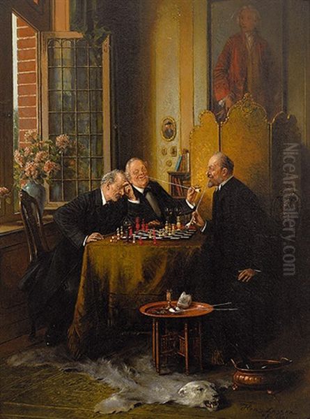 Drei Schachspieler Mit Langen Tonpfeifen Oil Painting by Hans August Lassen