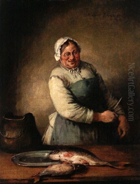 Lachende Kochin Mit Fischen by Hans August Lassen