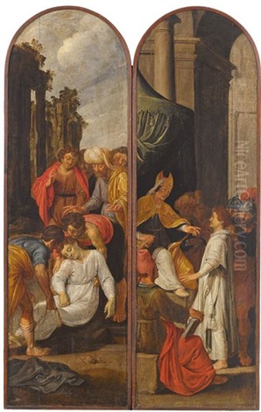 Zwei Flugel Eines Triptychons: Linker Flugel: Die Grablegung Des Heiligen Stephanus (recto) Oil Painting by Pieter Lastman