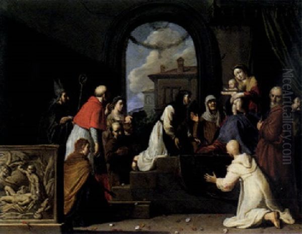 The Holy Family With A Donor, Receiving Saints Including Catherine Of Siena, Blaise, Francis Of Assisi, Carlo Borromeo And Apollonia Oil Painting by Pieter Lastman