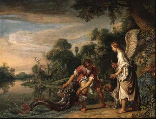 Tobias Catching The Fish, The Archangel Raphael Standing Nearby Oil Painting by Pieter Lastman