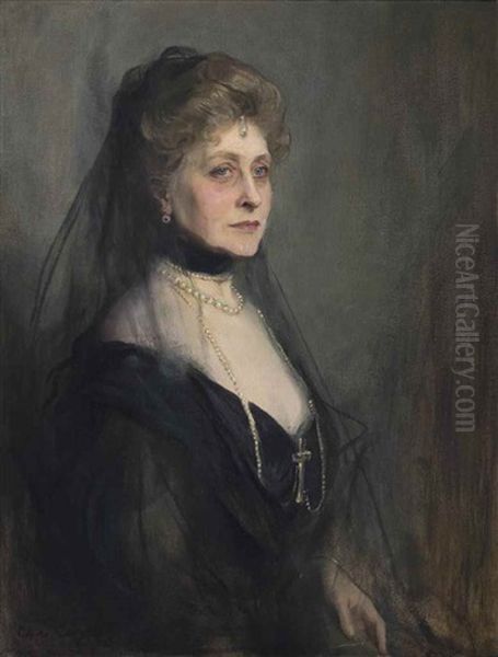 Duchess Of Argyll, Nee Princess Louise Caroline Alberta Of Great Britain, 1915, Seated Half-length To The Right, Wearing A Black Dress, With A Black Veil Pinned To The Back Of Her Head, Holding A Book In Her Right Hand On Her Lap Oil Painting by Philip Alexius De Laszlo