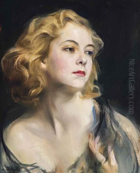 Portrait Of Helen Beatrice Myfanwy Hughes, Head And Shoulders, Three-quarter Profile To The Right, Wearing A Dark Blue Chiffon Stole Around Her Bare Shoulders, Her Left Hand Raised Oil Painting by Philip Alexius De Laszlo