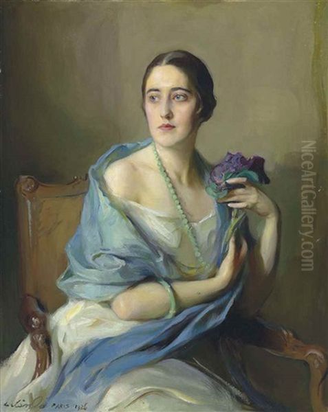 Portrait Of A Lady, Probably Helene (elena) Mier De Suberveille, Nee Elena Mier Y Cuevas Oil Painting by Philip Alexius De Laszlo