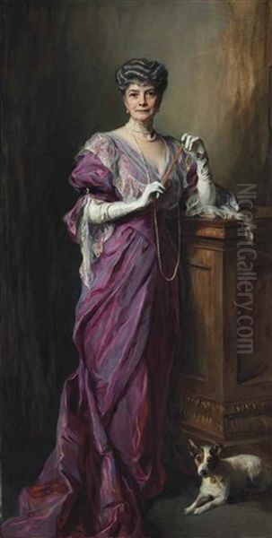 Lady White Todd, Nee Miss Aline Lefebvre, Full-length, Wearing Evening Dress, White Gloves And A Long Strand Of Pearls, Her Left Elbow Resting On A Wooden Pedestal And A Jack Russell Terrier Lying At Her Feet Oil Painting by Philip Alexius De Laszlo