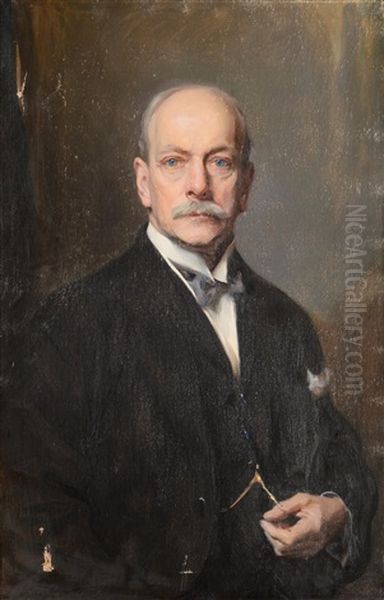 Sir Frederick George Painter, Half Length Wearing A Black Suit And Holding A Pocket Watch Oil Painting by Philip Alexius De Laszlo