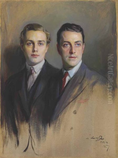 Double Portrait Of Reginald Wright And John Brady Wright, His Stepson, Half-length Oil Painting by Philip Alexius De Laszlo