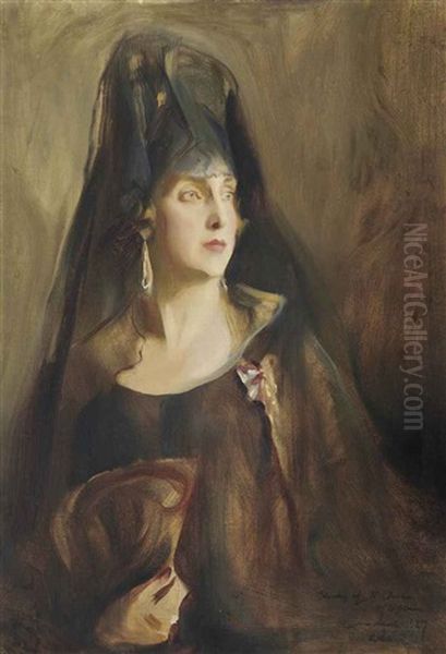 Portrait Of Queen Victoria Eugenia Of Spain (1887-1969), Half-length, Wearing A Plain Sleeveless Black Gown, The Order Of Queen Maria Luisa On A Purple And White Ribbon Pinned To Her Dress, Holding A Fan In Her Right Hand Oil Painting by Philip Alexius De Laszlo