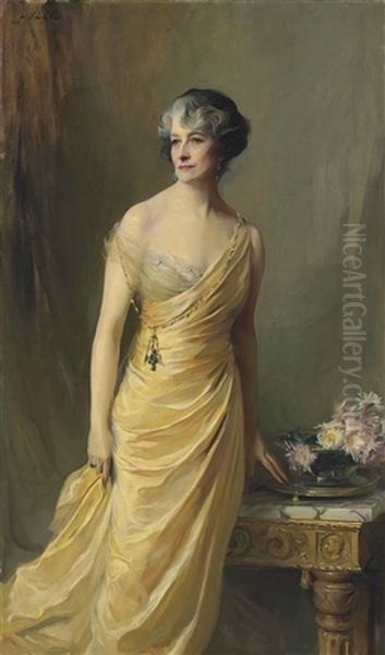 Lady Ludlow, Nee Alice Sedgwick Mankiewicz (previously Lady Wernher), Standing, Three-quarter-length, In A Yellow Evening Dress Oil Painting by Philip Alexius De Laszlo