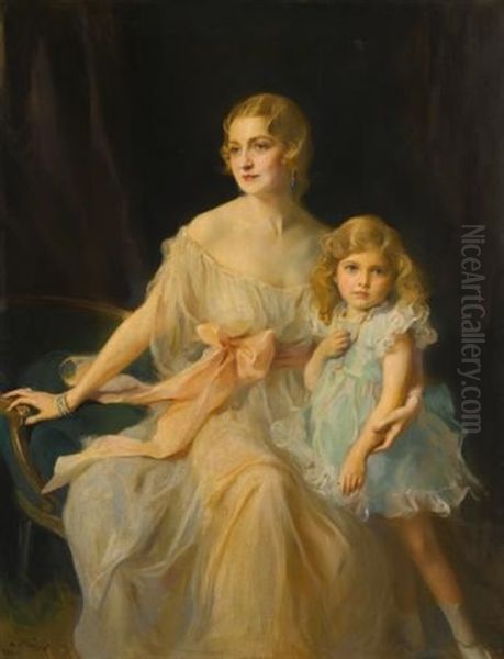 Portrait Of Mrs. Claude Leigh And Miss Virginia Leigh Oil Painting by Philip Alexius De Laszlo