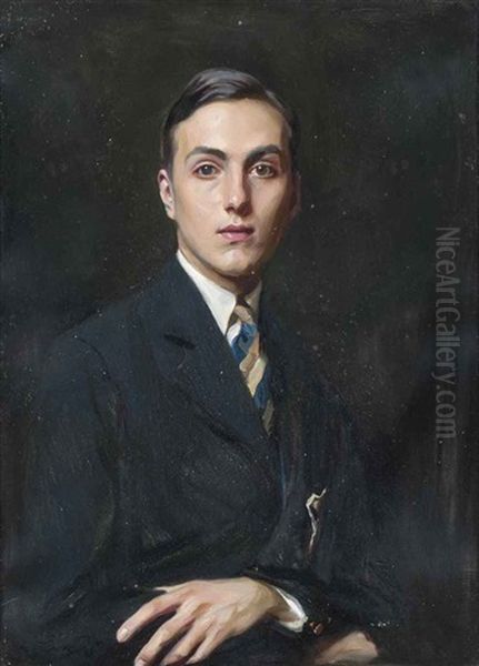 Portrait Of Angus Vickers (1904-1990), Half-length, In A Dark Blue Jacket And Tie Oil Painting by Philip Alexius De Laszlo