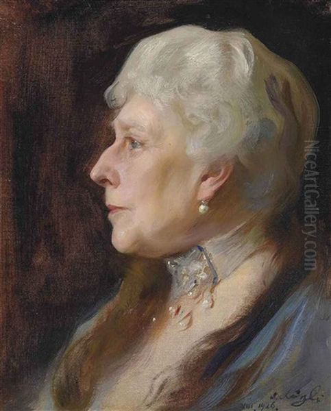 Portrait Of Princess Henry Of Battenberg, Nee Princess Beatrice Of Great Britain, In Profile To The Left, Wearing A Choker And Drop Earrings Oil Painting by Philip Alexius De Laszlo