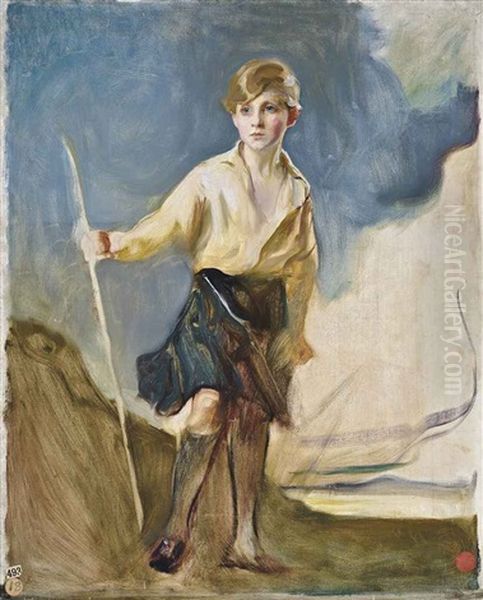 Study For Portrait Of The Hon. Andrew Elphinstone (1918-1975), Wearing An Open Necked Cream Shirt And A Royal Stuart Tartan Kilt, Holding A Bow Or Staff In His Right Hand, A Blue Sky And Landscape Beyond Oil Painting by Philip Alexius De Laszlo