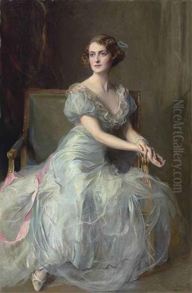 Portrait Of Lady Illingworth, In A Blue Ball Gown With Pink Ribbon Oil Painting by Philip Alexius De Laszlo