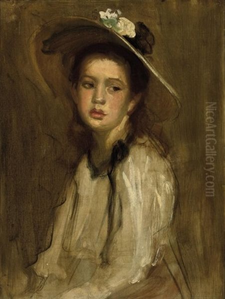 Portrait Of A Young Girl In Hat With Green And White Corsage Oil Painting by Philip Alexius De Laszlo