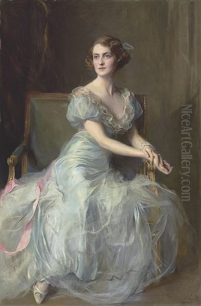 Portrait Of Lady Illingworth, In A Blue Ball Gown With Pink Ribbon Oil Painting by Philip Alexius De Laszlo