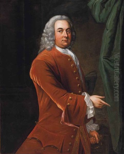 Portrait Of A Gentleman, Three-quarter-length, In A Rust Coat, His Left Hand Resting On The Hilt Of A Sword, In An Interior Oil Painting by James Latham