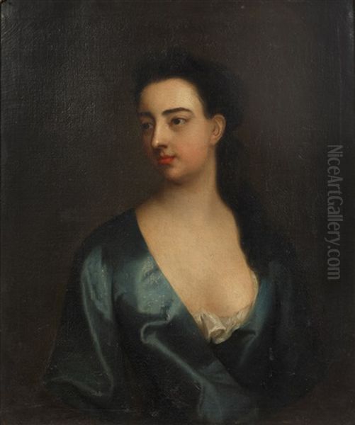 Portrait Of A Lady, Bust-length, In A Blue Dress, Within A Painted Oval Oil Painting by James Latham