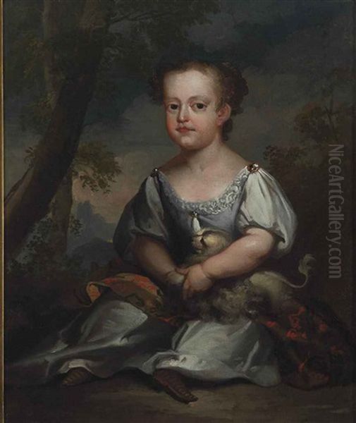 Portrait Of A Sarah Cosby In A Blue Dress, Seated In A Wooded Landscape With A Dog In Her Lap Oil Painting by James Latham