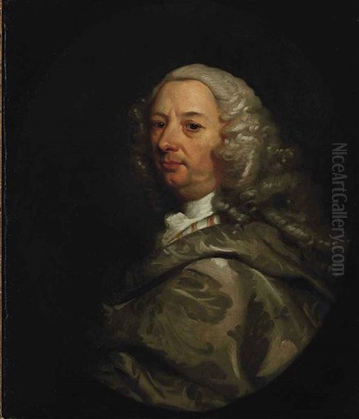 Portrait Of A Gentleman In A Silver Brocaded Mantle Oil Painting by James Latham