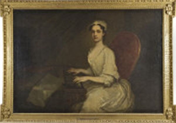 Portrait Of Theodosia Bligh, Countess Of Glandore, The Young Woman In A White Dress, Seated, Playing A Harpsicord, With Sheets Of Music Oil Painting by James Latham