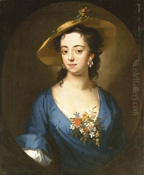 Portrait Of A Lady Wearing A Blue Silk Dress With A Spray Of Flowers And A Straw Hat Oil Painting by James Latham