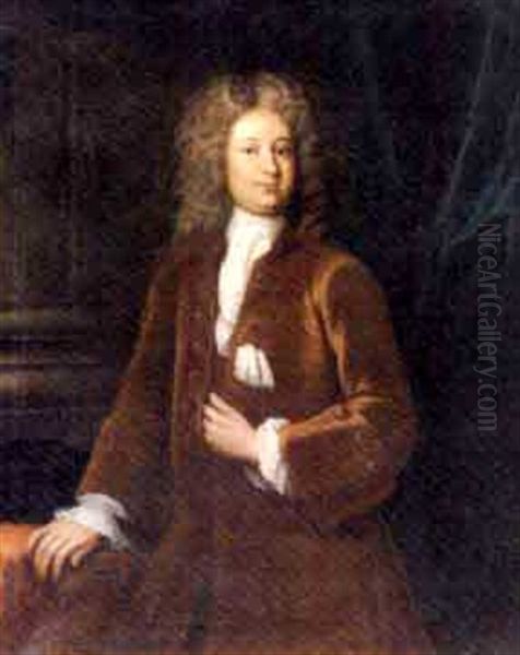 Portrait Of A Gentleman, In A Brown Velvet Coat And White Cravat, His Right Hand Resting On A Table, A Blue Curtain Beyond Oil Painting by James Latham