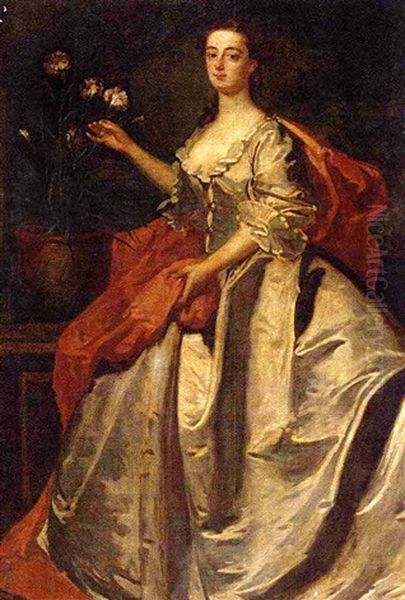 Portrait Of Mary, Wife Of Edward Howard, 9th Duke Of Norfolk, In A Pale Blue Dress And Red Wrap, By An Urn Of Carnations Oil Painting by James Latham