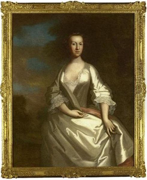 Portrait Of Mrs. Steadman In An Oyster Satin Gown, In A Landscape Oil Painting by James Latham