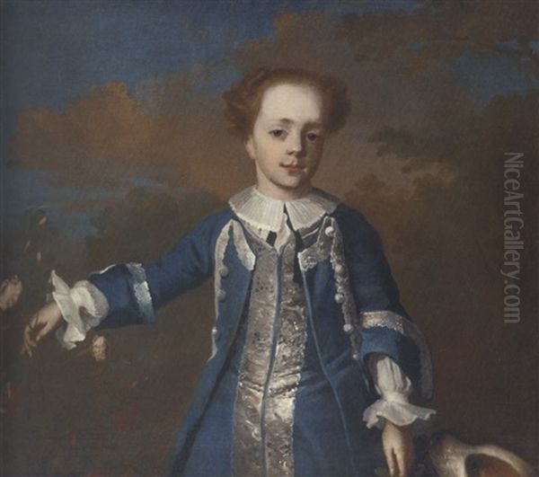 Portrait Of Dudley Alexander Sydney Cosby, Lord Sydney Of Leix, When Six Years Old, In A Blue Suit, By A Rosebush, A Dog At His Side Oil Painting by James Latham