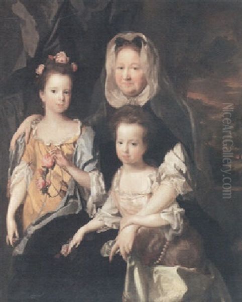 A Group Portrait Of A Lady With Two Young Girls, One Holding A Garland Of Roses by James Latham