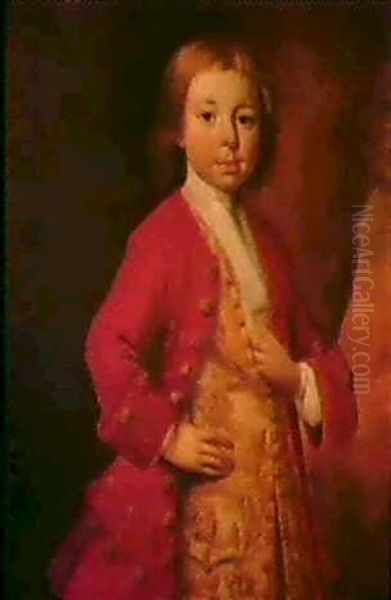 Portrait Of A Boy Standing Three-quarter Length Wearing A   Scarlet Coat And Gold Embroidered Silk Waistcoat... Oil Painting by James Latham